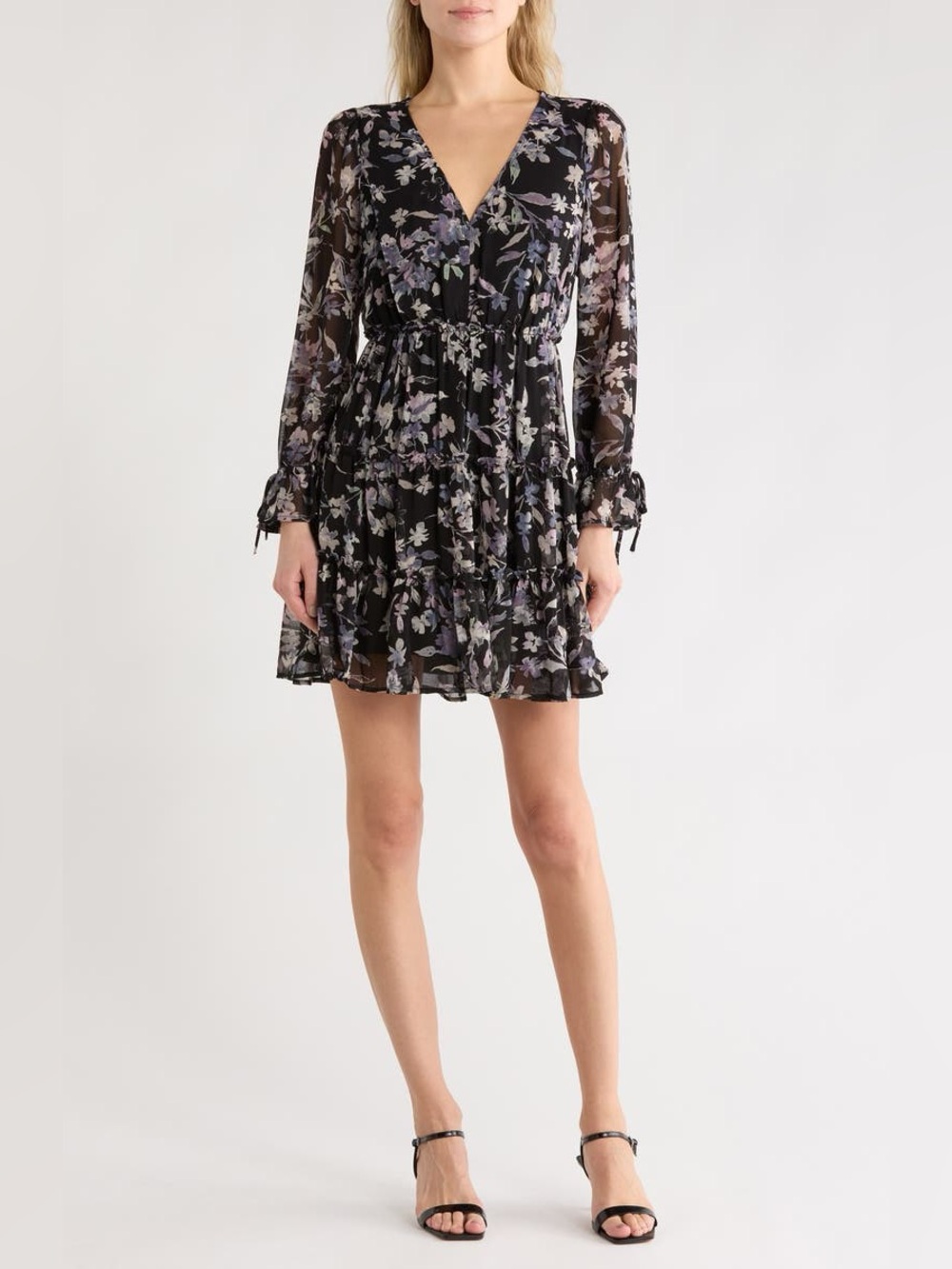 lovestitch Black Floral V-Neck Ruffle Tiered Mini Dress